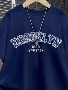 Tween Boys' Casual Minimalist Round Neck Short Sleeve Shorts 2 Pieces Set,Suitable For Summer 1989 New York,Brooklyn Text Graphic - Navy Blue - View 4