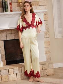 Moireta Women's Mature Elegant Bedroom Glossy Satin Patchwork Contrast Color Eyelash Lace Mid-Sleeve V-Neck Long Pants Pajama Set - Champagne - View 5