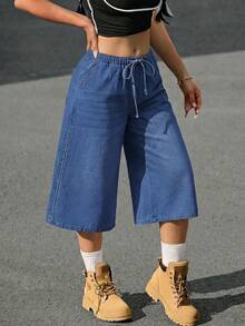 Teen Girls Colorblock Waist Light Blue Denim Loose Fit Long Pants - Dark Wash - View 4