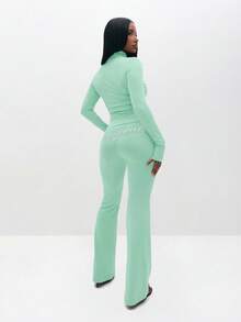 BABYPHAT Plus Size Flare Leg Pants With Cat Logo And Slogan Print, High Waist Bootcut - Mint Green - View 2