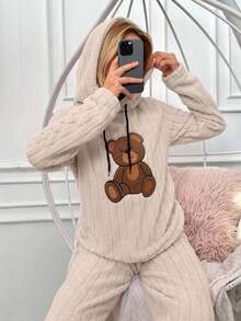 SHEIN Cottnline Women's Message Embroidered Hooded Long Sleeve Sleepwear Top - Beige - View 3