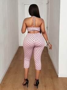 Maweii Plus Size Women Polka Dot Print Cropped Halter Tank Top And 3/4 Length Leggings Sexy Cute 2-Piece Set Vacation Dusty Pink Summer - Pink - View 2
