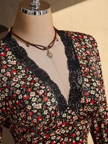 SHEIN ICON Plus Size Vintage 1960s Elegant Y2K Sexy V-Neck Lace Contrast Mesh Casual Floral Long Sleeve Dress Autumn Date Night Wedding Office Brown - Multicolor - View 6