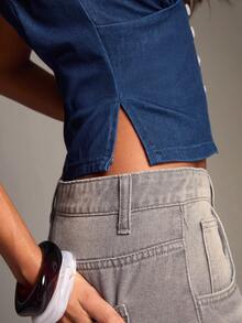 SHEIN BAE Women's Summer Casual Hollow-Out Front Button Denim Top - Medium Wash - View 7