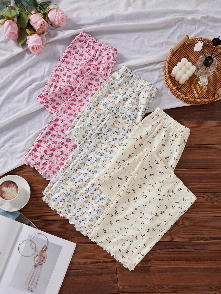 Softscene 3件組浪漫碎花彈性腰長款睡褲 - 彩色 - 查看 1