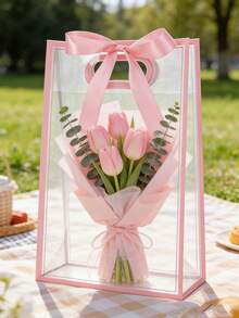 12pcs Transparent Gift Bags With White Edges And Satin Bow Tie; Reusable Clear PVC Tote Bags; Suitable For Wedding, Bridal Shower, Birthday Gift Wrapping, Baby Christening Also Suitable For Displaying Fresh Flowers In Boutiques - Transparent Pink-edged Gift Bag (with Ribbon) - View 7