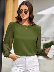 SHEIN LUNE Women's Solid Color Round Neck Lantern Sleeve Fashionable Elegant Blouse - Olive Green - View 5