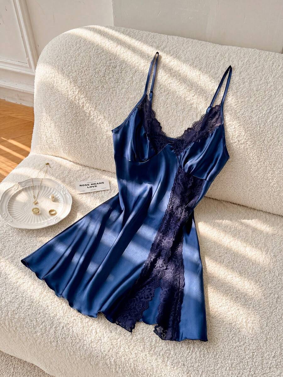 Moireta Camisón sin mangas de unicolor con encaje de contraste para mujer - Azul Marino - Ver 1