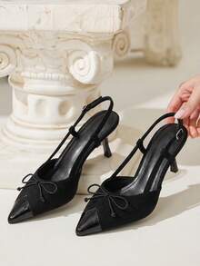 CUCCOO CHICEST French Black Pointed Stiletto High Heels, Back Empty Word With Bow Temperament Commuter Workplace Women's Shoes - Black - View 10
