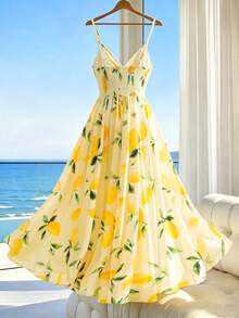 EMERY ROSE Plus Size Lemon Print Spaghetti Strap Vacation Dress - Multicolor - View 2