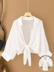 INAWLY New Bat Wing Short Casual Chiffon Shawl Solid Color Blouse For Women ,Petite Women - White - View 1