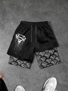 SUPERMAN X SHEIN Gym Rark Men's Letter Print Double Layer Sports Shorts - Black - View 1