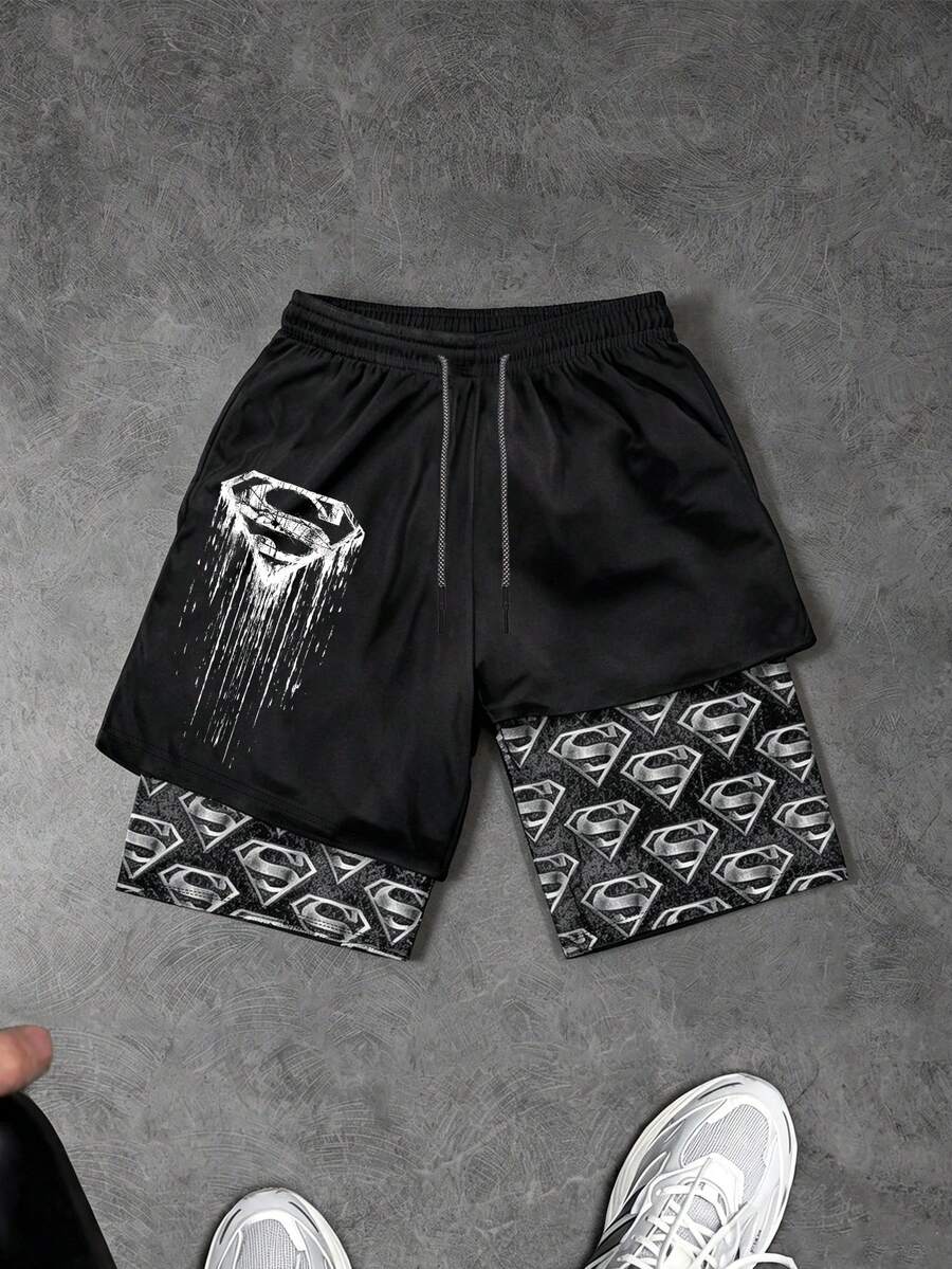 SUPERMAN X SHEIN Gym Rark Men's Letter Print Double Layer Sports Shorts - Black - View 1
