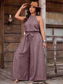 Nubod Plus Size Solid Color Halter Top And Wide Leg Pants 2 Pieces Set - Dusty Purple - View 6