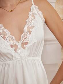 Moireta Contrast Lace Satin Slip Pajama Night Dress Luxeloungewear - White - View 4