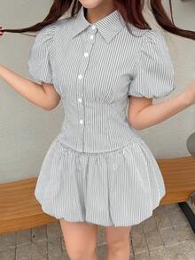 K-Vae 藍色條紋泡泡袖上衣 + 燈籠裙套裝，甜美顯瘦兩件式，韓系休閒學院風，春夏上班、約會、旅行、校園穿搭 - 彩色 - 查看 6