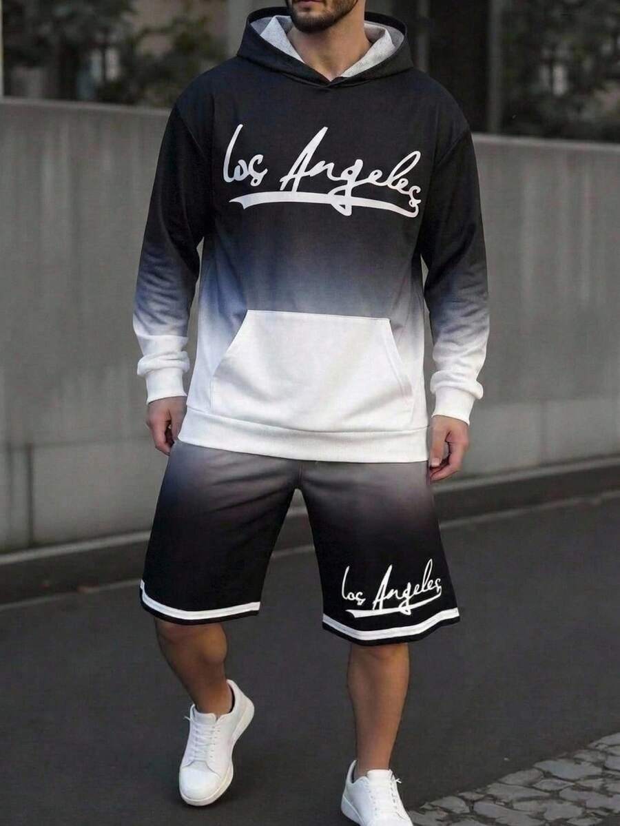 SHEIN 青少年男孩休閒圓領連帽漸層印花洛杉磯圖案運動衫,秋季風格 - 黑與白 - 查看 1