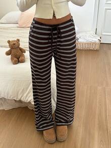 CovetEZ Women's Drawstring Waist Striped Casual Versatile Daily Travel Long Pants - Brown - View 8