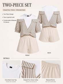 SHEIN LUNE 2026 Summer New Fashion Commute 2 Pieces Set, Striped Shirt Patchwork 2 In 1 Top And Khaki Elastic Waist Shorts, Beige Sleeveless Inner Layer, Casual - Multicolor - View 4
