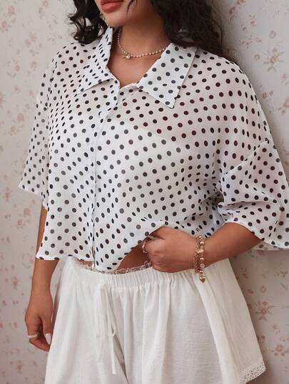 CovetEZ Spring/Summer New Black Polka Dot Chiffon Semi-Sheer Short Casual 90s Plus Size Blouse Vacation