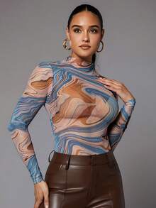Silquee Marble Print Mock Neck High Cut Bodysuit - Multicolor - View 5