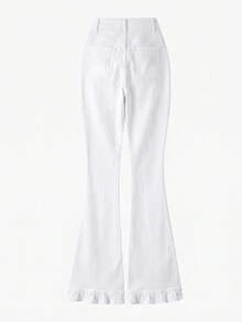 EMERY ROSE Plus Size Women's Casual Versatile Daily Travel Denim Flare Jeans With Pockets, Buttons And Pleats - White - View 2