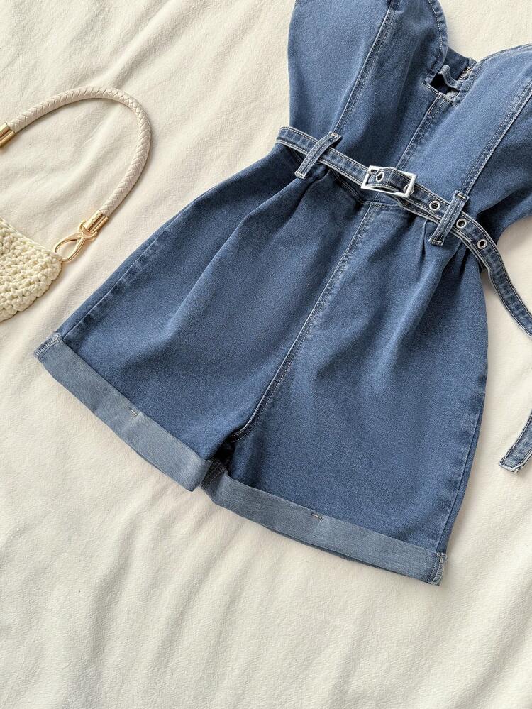 Elamini Women's Summer Casual Denim Romper - Medium Wash - View 4