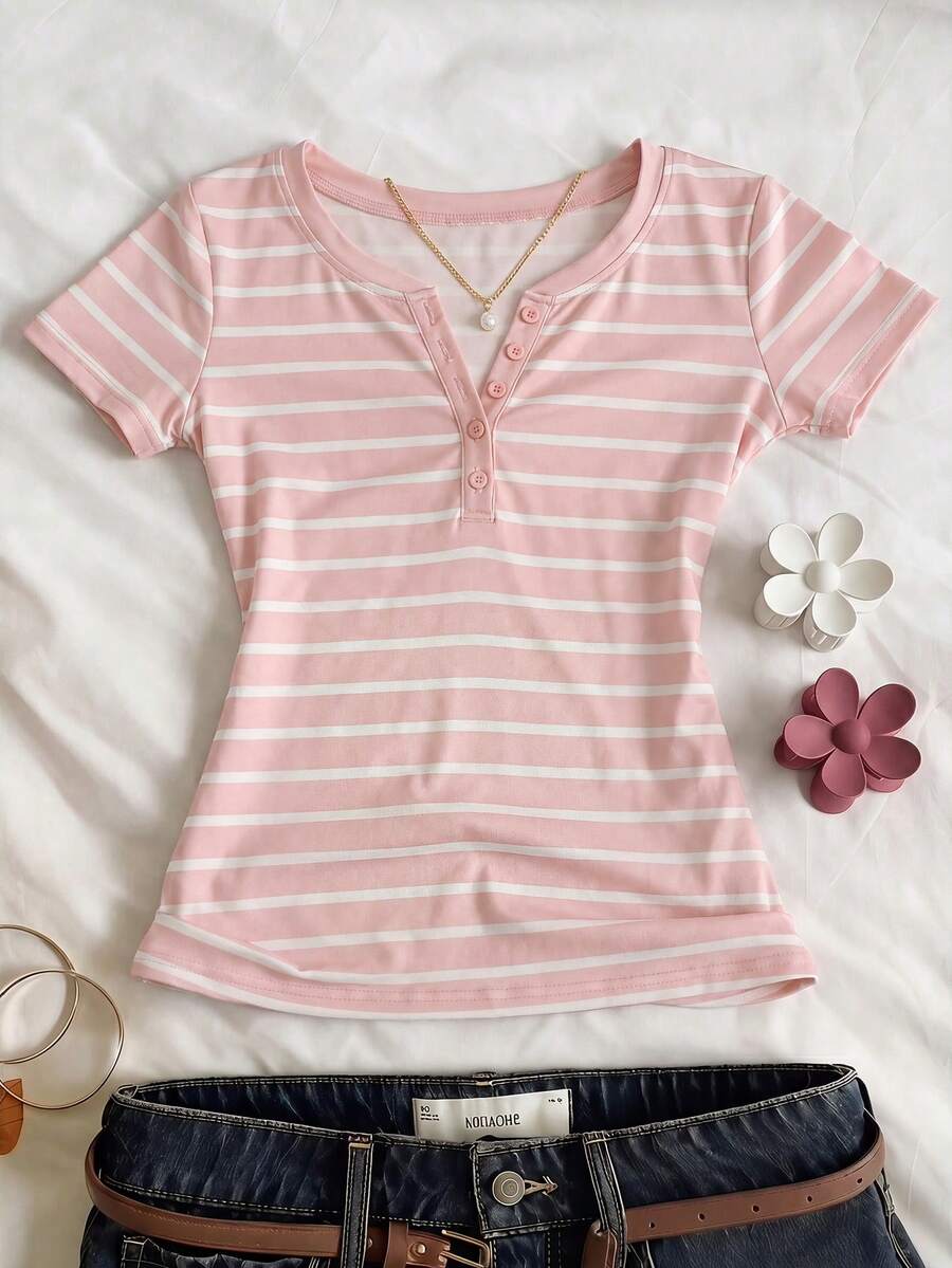 SHEIN Tween女孩條紋拼接配色休閒百搭日常T恤 - 粉色 - 查看 1