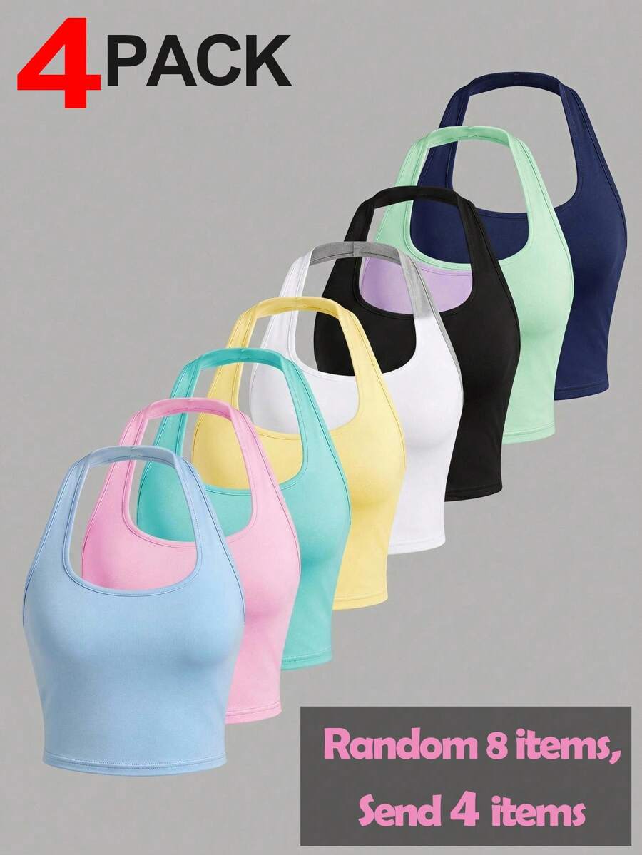 SHEIN Surprise Box[Random 8 Items,Send 4 Items],Tween Girls Casual Solid Color Knit Halter Top, Fitted Tank Top, 4pcs Set, Suitable For Summer - Multicolor - View 1