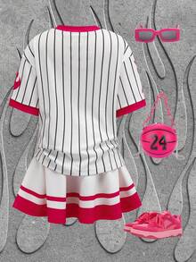 SHEIN HOT STUFF Young Girl Summer Casual Striped Cartoon Print Short Sleeve T-Shirt And Skirt Set - White - View 3