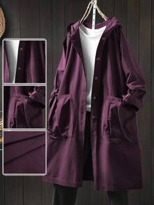 SHEIN LUNE Chaqueta casual larga con capucha y bolsillos grandes de unicolor de manga larga para mujer de talla grande - Morado - Ver 1