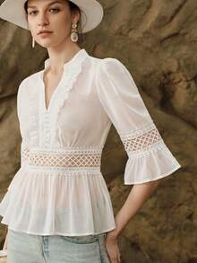 SHEIN Elegant Elegant Summer White Faux Silk Lace Patchwork Blouse Shirt - White - View 5
