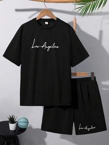 SHEIN 青少年男孩 2件組休閒街頭風大字母圖案 - 黑色 - 查看 3
