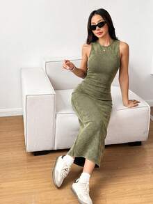 SHEIN EZwear 橄欖綠破舊雪花印花圓領無袖中長洋裝，適合日常、夜晚外出、約會之夜，夏季性感風格 - 軍綠色 - 查看 3