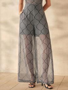 Anewsta Spring Summer High Waist Draped Slouchy Wide Leg Geometric Polka Dot Women's Long Pants Vacation Holiday Gray Sexy Elegant - Black and White - View 5