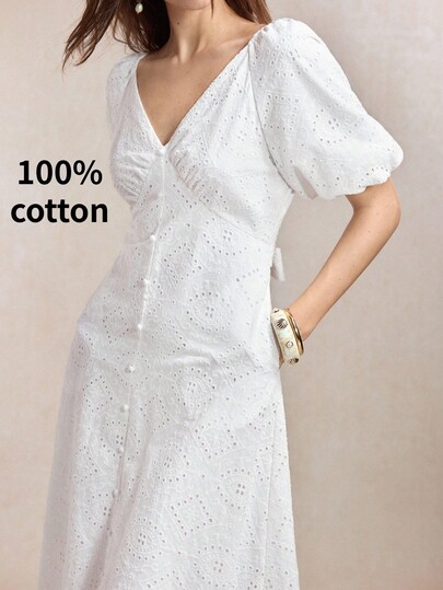 BizChic White Women's Mid-Length Dress With Puff Sleeves, Embroidery, Hollow Out Design, Full Skirt, Romantic Pastoral Style, Suitable For Tea Party, Autumn, Halloween, Back To School, Church, Special Occasions, Birthday, Wedding Guest, Party, Date, Vacation, French Elegant Vintage Holiday Style