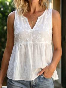 Yunfilé Summer Casual Boho Floral Textured Open Collar Camisole V-Neck Blouse Vacation White Floral - White - View 4