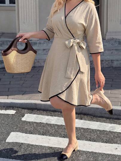 Dripcurv Plus Size Women Autumn Casual Elegant Colorblock Trim Lace-Up Wrap Dress Vacation Outfits,Summer Holiday Outfits Wedding Guest Black