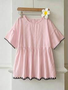 SHEIN EZwear 粉色亞麻編織女款襯衫，貝殼刺繡圖案，適合夏季 - 淺粉色 - 查看 4