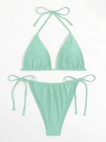 Swim Mod Conjunto de traje de baño bikini de dos piezas sexy con cuello halter anudado y fruncido de unicolor para mujer de talla grande - verde menta - Ver 5