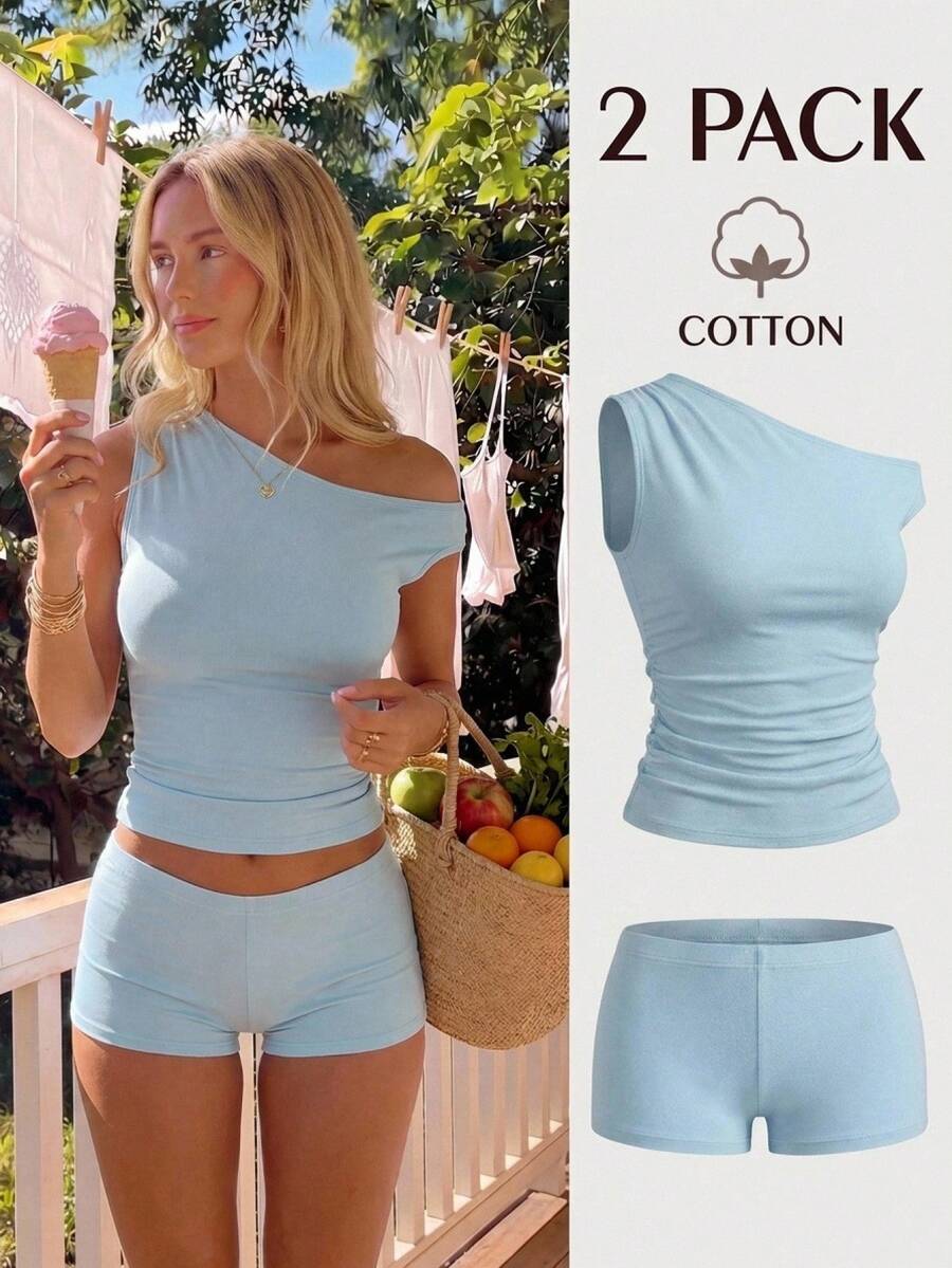 CovetEZ 95%棉 2件組女款夏季淺藍色休閒度假Y2K兩件套,不對稱單肩抓皺修身上衣與短褲瑜伽套裝 - 藍色 - 查看 1