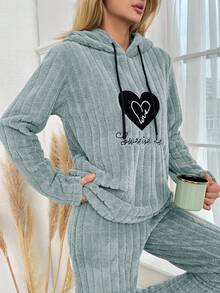 SHEIN Cottnline Women's Letter Heart Embroidered Drawstring Hooded Plush Long Sleeve Pajama Top - Cadet Blue - View 5