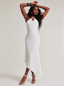 NYA SZN Women's Summer Solid Color Asymmetric Hem Fashion Halter Neck Dress - White - View 3