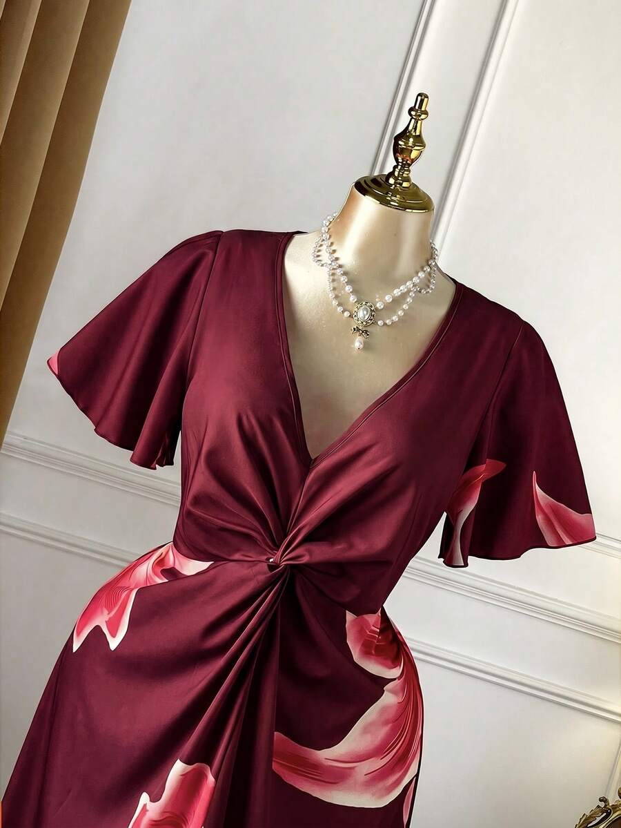 Rometta 大尺碼女款酒紅色大花朵印花海灘約會正式婚禮禮服,V領扭轉設計,顯瘦修身,夏季優雅 - 酒紅色 - 查看 1
