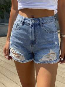 DAZY 女款高腰口袋磨損毛邊休閒牛仔短褲 夏季 - 藍色 - 查看 5