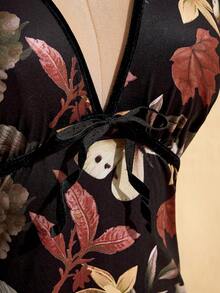 SHEIN ICON 女款大尺碼楓葉圖案復古洋裝 - 黑色 - View 8