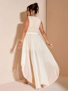 Cravure Plus Size Women's Sleeveless Contrast Lace Asymmetrical Hem Chiffon Dress - Apricot - View 2