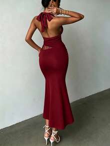 SHEIN Elegant Sexy Slim Fit Deep V Halter Neck Waist Lace Patchwork Spring Summer Burgundy Women's Dress Party Dinner Bar Night Gown Wedding Outfit - Red - View 2