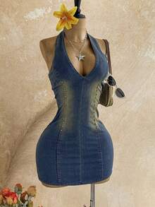 Soleia Women's Rivet Design Deep V Sexy Y2k Halter Neck Denim Mini Dress Going Out Night Out Club Blue And Yellow Fall - Multicolor - View 3