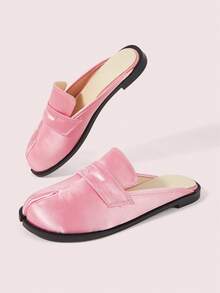 CUCCOO DOLLMOD 女款緞面開趾露跟穆勒鞋 優雅粉色平底樂福拖鞋 日常休閒鞋 - 粉色沙丁 - 查看 3